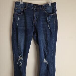 Ring of Fire Mens Dark Blue Denim Skinny Stretch Jeans 34x30 Distressed